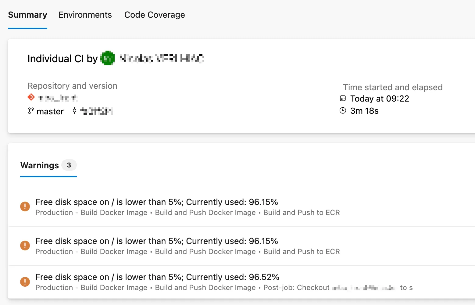 Warnings Azure DevOps : Free disk space on / is lower than 5%