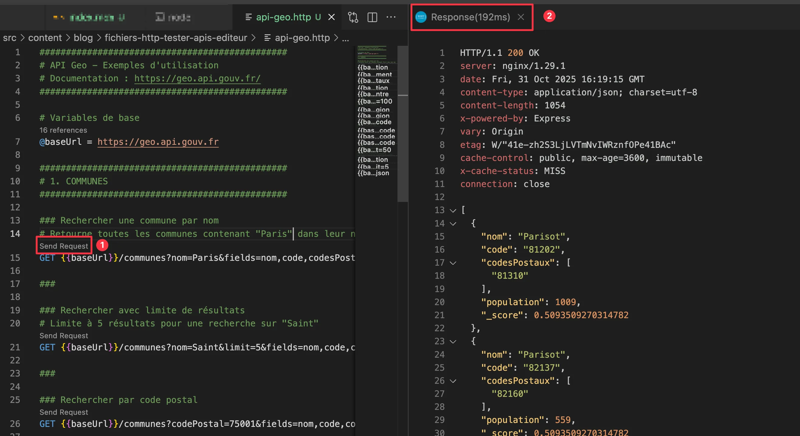 Exemple de requête GET vers geo.api.gouv.fr exécutée depuis VS Code Exécution d'une requête GET sur l'API Geo avec VS Code REST Client. La réponse JSON affiche les données de la commune de Paris.